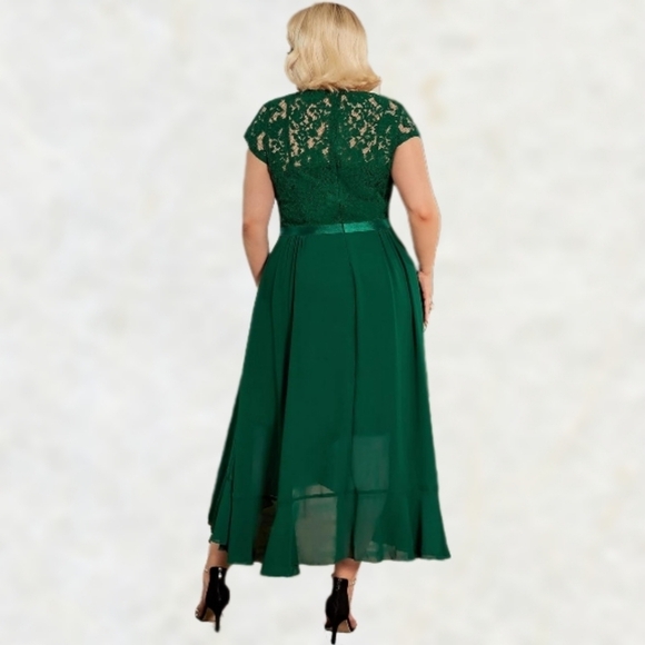 Miusol Green Faux Wrap Ruffle Dress Scalloped Neck HiLo Cap Sleeve sz XXL= US L - Picture 2 of 9